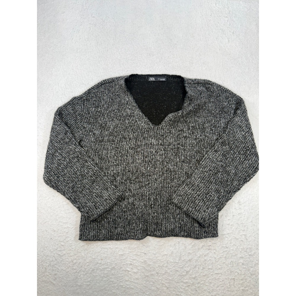 Zara Womens Medium Grey Marl Ribbed Knit V-Neck Oversized Pullover Sweater